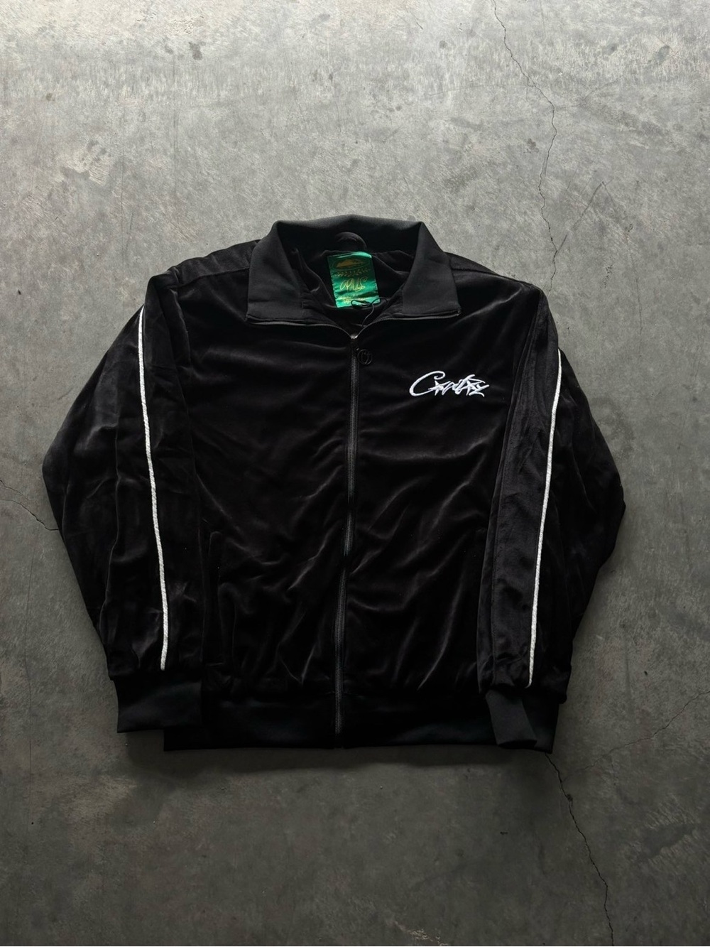 Men's Black Velour Bomber Jacket with White Piping